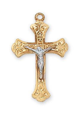 Gold Over Sterling Silver Two Tone Crucifix Necklace 18 Inch Chain