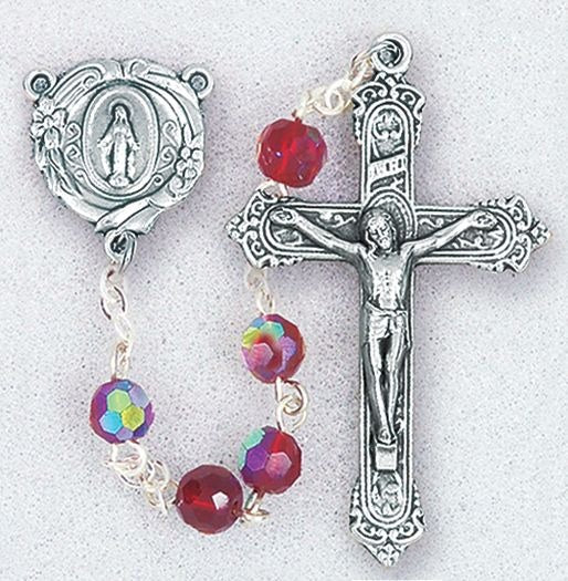 Garnet Aurora Borealis Tin Cut Bead Rosary