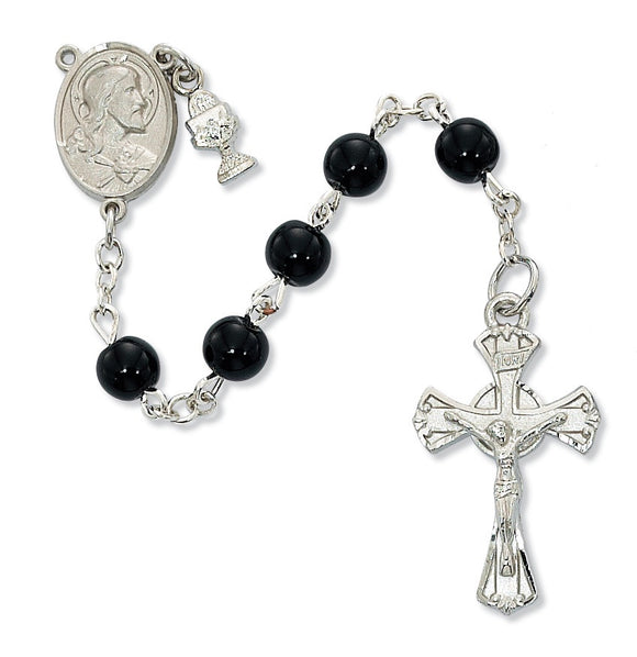6mm Black Glass Sacred Heart Rosary with Chalice