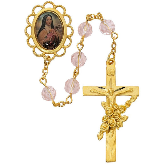 7mm Pink St Therese Deluxe Gold Rosary