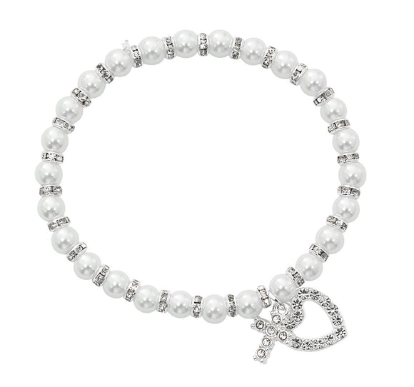 White Pearl Stretch Bracelet with Crystal Cross & Heart