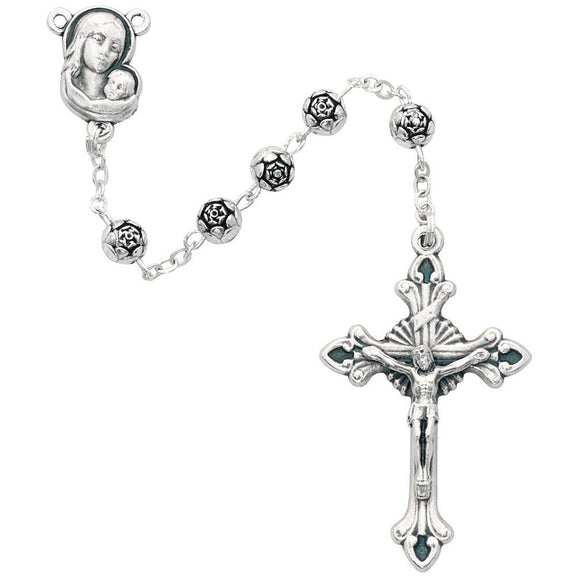 5mm Silver Rosebud Rosary