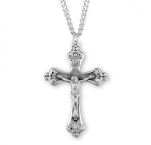 Large SS Baroque Tipped 2.1" Rosary Crucifix Necklace 24" Chain